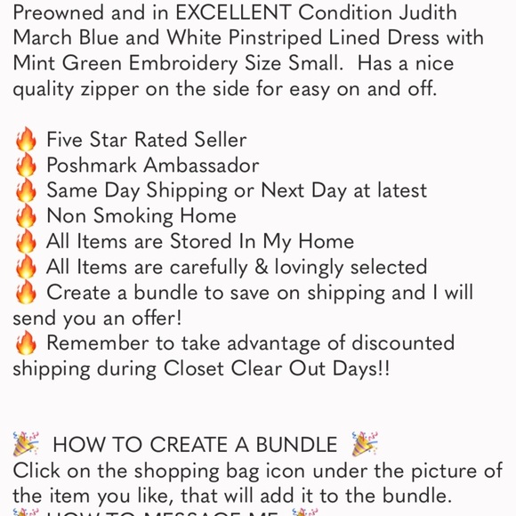 Judith March Blue and White Pinstriped Dress Mint Green Embroidery Size Small - Picture 11 of 11